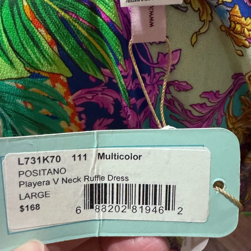 NWT Lulu Fama -Orange and Green Plunge Neck Flutter Sleeve Sundress - Picture 7 of 9